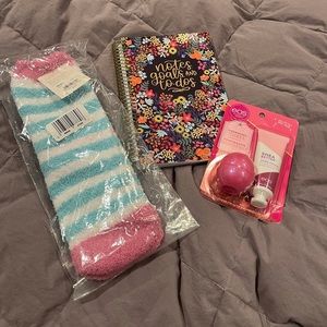 Lip balm, hand cream, notebook for notes, goals, & to-dos, warm cozy socks.